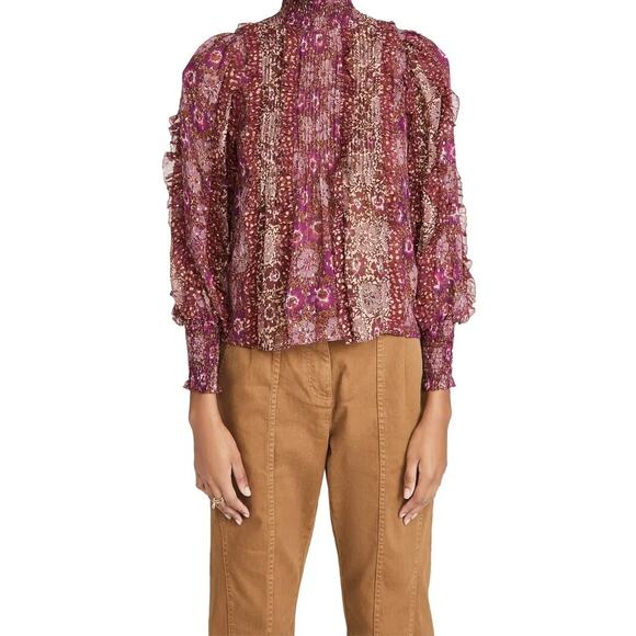 ULLA JOHNSON Elita Ruffle Long Sleeve Blouse Claret Patchwork Size 0 XS Preowned - Picture 4 of 15